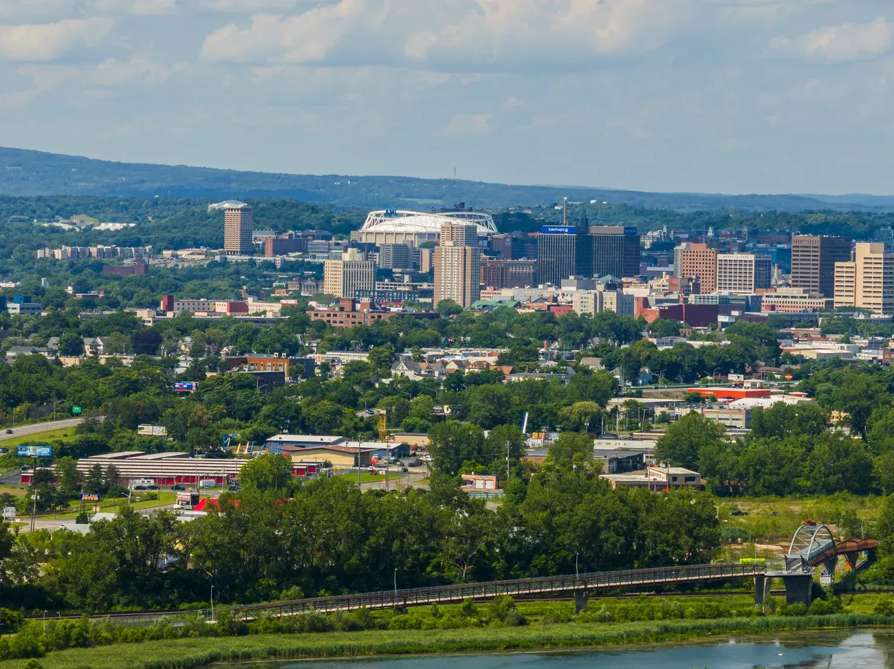 Drone shot overlooking the City of Syracuse.